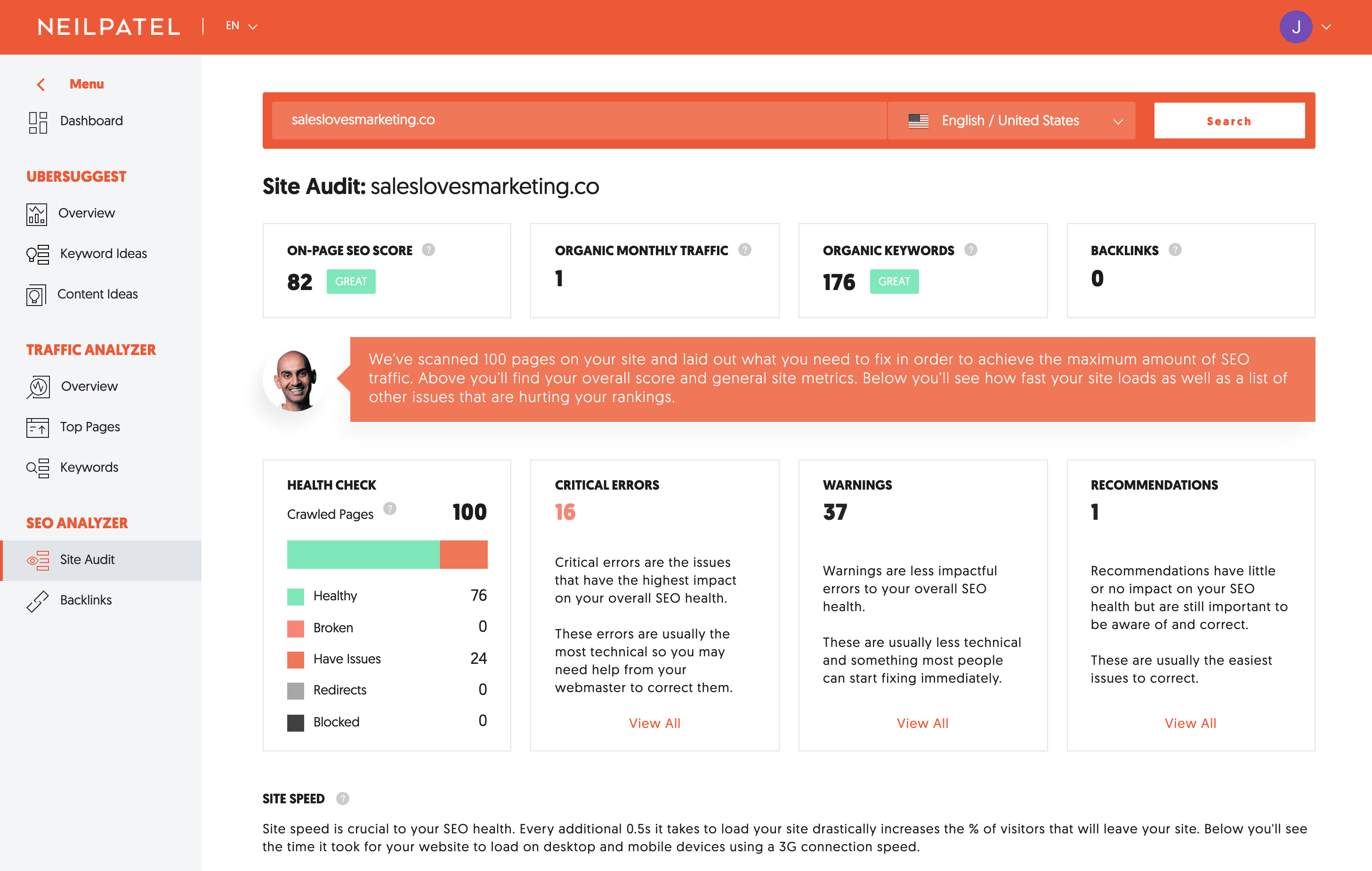 Ubersuggest web interface website stats